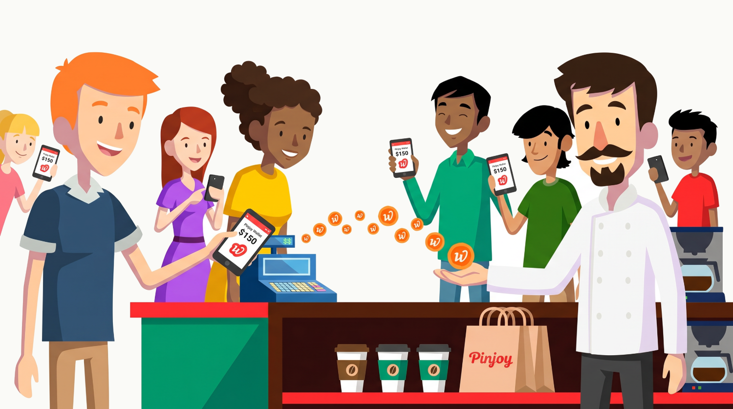 Clientes con su wallet de Pinjoys llena gastan en el mostrador del negocio